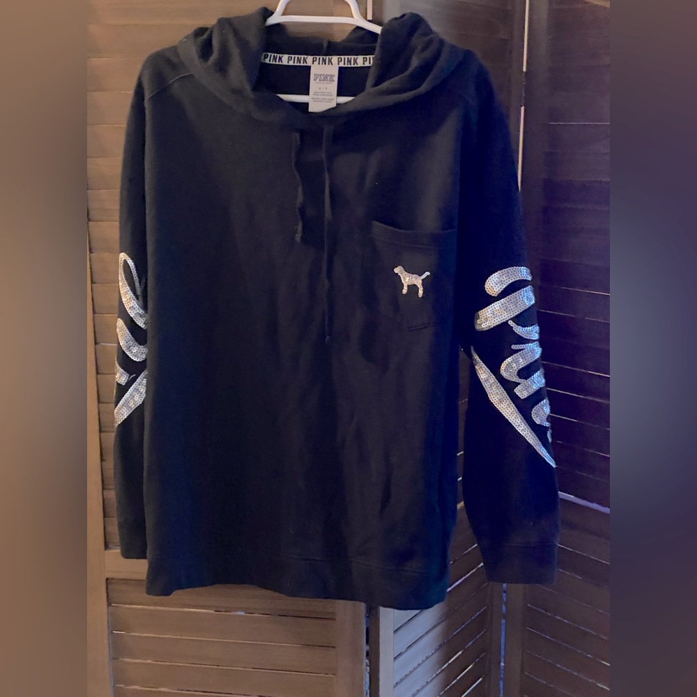 PINK Victoria's Secret Black Hoodie with Silver Logo